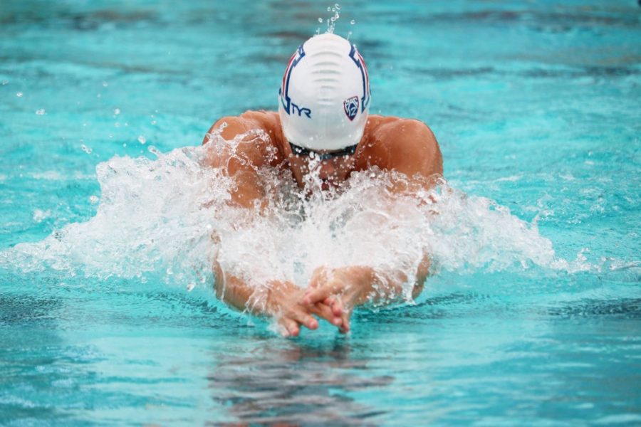 A UA mens swimmer competes at the Swimming and Diving meet on Jan 20. against California.