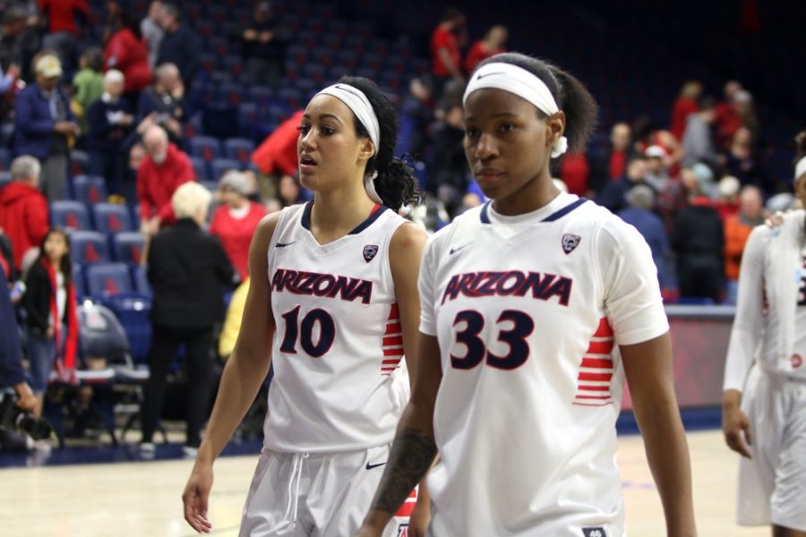 Arizonas Lauren Evans (10) and Jalea Bennett (33) walk off the court after the Wildcats win over Washington State, Sunday, Jan. 15, 2017. The Wildcats won their second conference game of the season.