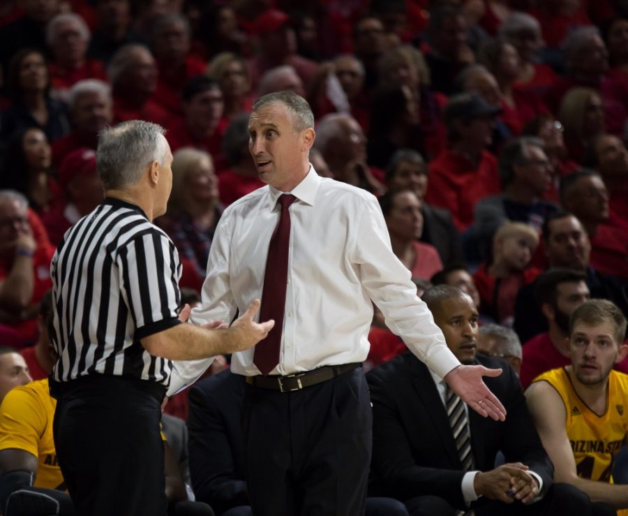 Arizona State head coach Bobby Hurley argues with an official in McKale Center on January 12. The Sun Devils fell to the Wildcats 91-75. 