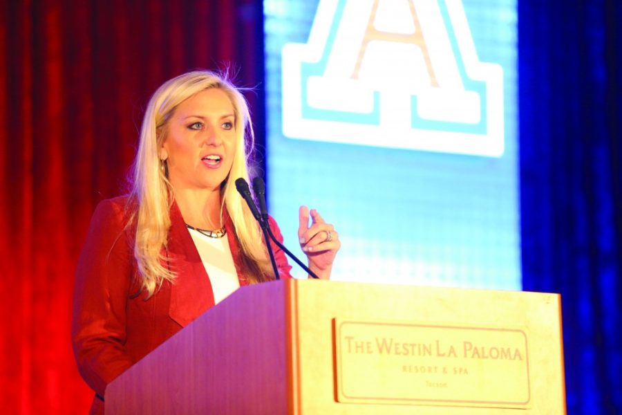 Erika Barnes says a few words at an engagement on April 16, 2016. On Feb. 1, Barnes will take over as interim Athletic Director due to the departure of former AD Greg Byrne.
