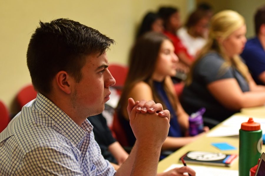 Associated Students of the University of Arizona Sen. Stefan Schmietenknop listens during an ASUA meeting in the Student Union Memorial Center on Aug. 24, 2016. ASUA approved their special election results and swore in their two newest members at their meeting on Nov. 9, 2016.