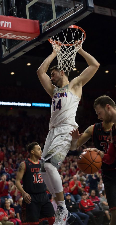 Arizona Wildcats center Dusan Ristic dunks the basketball during a 66-56 win over Utah Thursday, Jan. 5, 2017. Ristic led all scorers with 18 points.