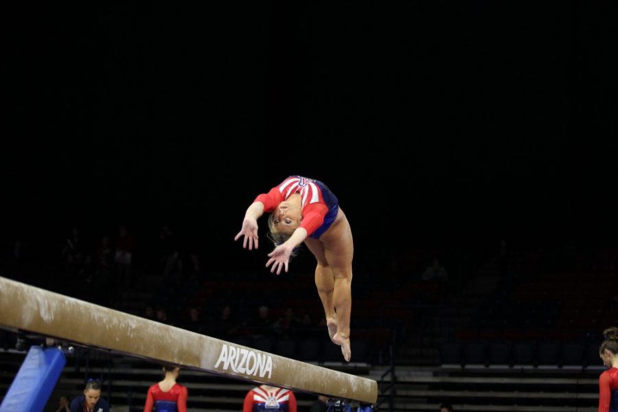 January 6, 2017. Sophomore Danielle Spencer during Arizona Gymnastics tri-meet against Utah State and Texas Womens University, McKale Center. Tucson, Az.