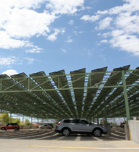 A view of solar panels on top of the Second Street Garage. Solar panels are made up of photovoltaic solar panels that will potentially generate 210 kilowatts of energy.