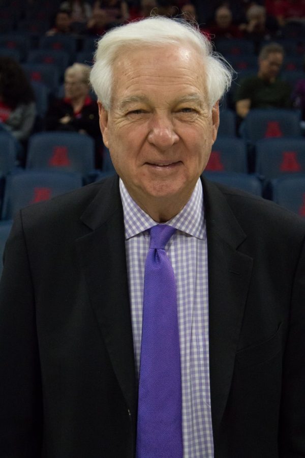 Bill Raftery smiles at the camera after the Arizona-Utah game, January 5th, 2017. Raftery is a long time color analyst for College Basketball.