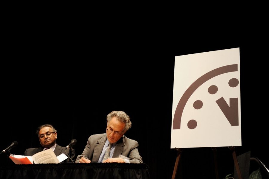 The Bulletin of the Atomic Scientists has reset the Doomsday Clock to five minutes before midnight, as seen Tuesday, January 10, 2012 at the AAAS Auditorium in Washington, D.C. The decision on whether the minute hand moves backward or forward encompasses everything from nuclear weapons to climate-changing technologies to biosecurity and is essentially a comprehensive look at how the world fared in the past year. (Olivier Douliery/Abaca Press/MCT)