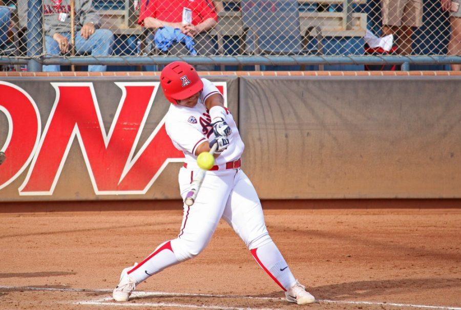 Arizonas Katiyana Mauga (34) bats during the softball game against Baylor on Feb. 11. Mauga is just 16 home runs shy of becoming the all-time home run leader in school history.