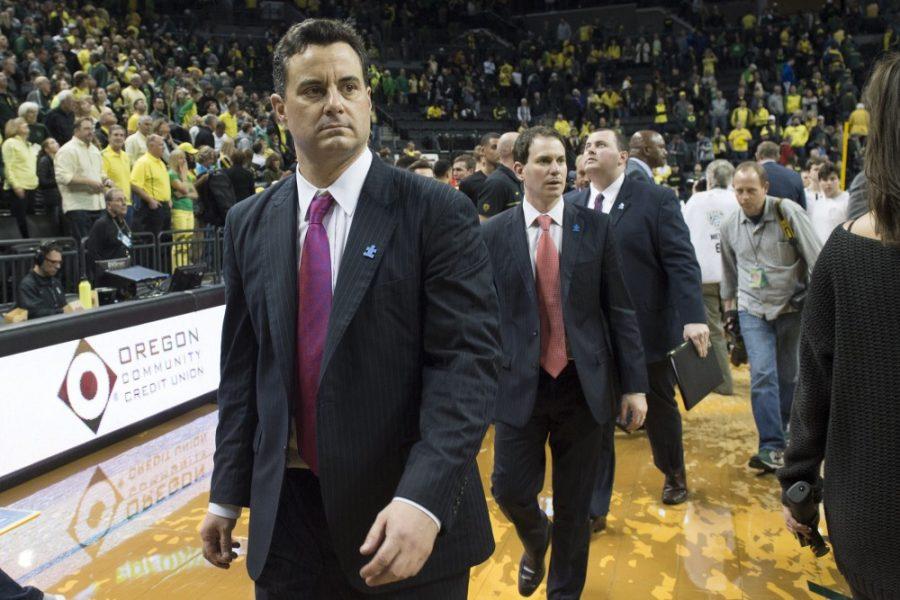Arizona Head Coach Sean Miller leaves the court with his staff after the end of the game. The No. 13 Oregon Ducks play the No. 5 Arizona Wildcats at Matthew Knight Arena in Eugene, Ore. on Saturday, Feb. 4, 2017. (Adam Eberhardt/Emerald)
