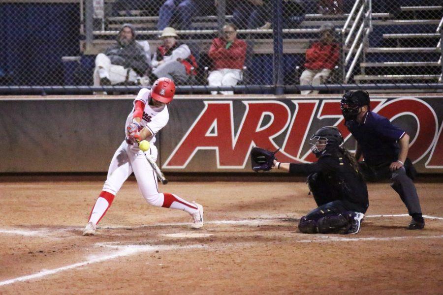 Arizonas Alyssa Palomino bats during the softball game against Northwestern on Feb. 11. Palomino is among a group of players participating in their first season of Arizona softball.