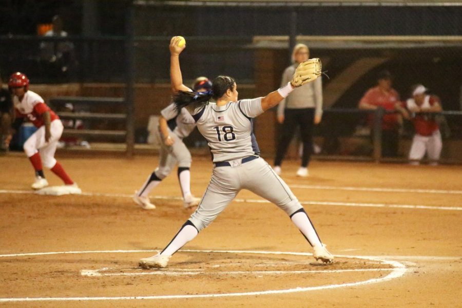 Arizona pitcher Taylor Mcquillin (18) pitches during the softball game against CSUN at Hillenbrand Stadium on Feb. 10.