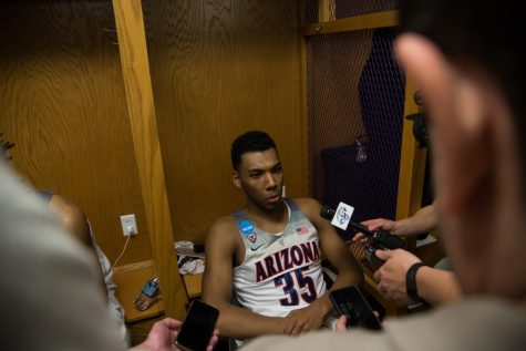 Allonzo Trier discusses his performance during a post-game interview in the Arizona Locker room, on Saturday March 18.