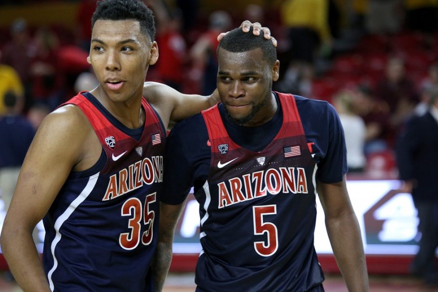 Allonzo+Trier+%2835%29+and+Kadeem+Allen+%285%29+after+the+Wildcats+win+against+the+Arizona+State+Sun+Devils+on+Saturday%2C+March+4.+The+Wildcats+beat+the+Sun+Devils+73-60.