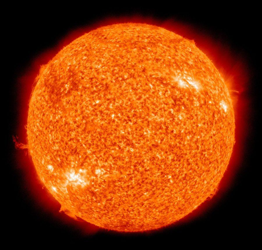 The Sun photographed at 304 angstroms by the Atmospheric Imaging Assembly (AIA 304) of NASAs Solar Dynamics Observatory (SDO). This is a false-color image of the Sun observed in the extreme ultraviolet region of the spectrum. One metric of the Suns damaging rays on a given day is the UV index.