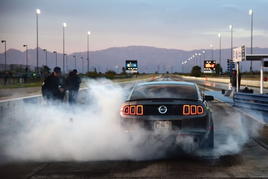 Ron Furlong burns out his Mustang during Arizona No Prep Test and Tune at Tucson Dragway on Friday, March 3, 2017.