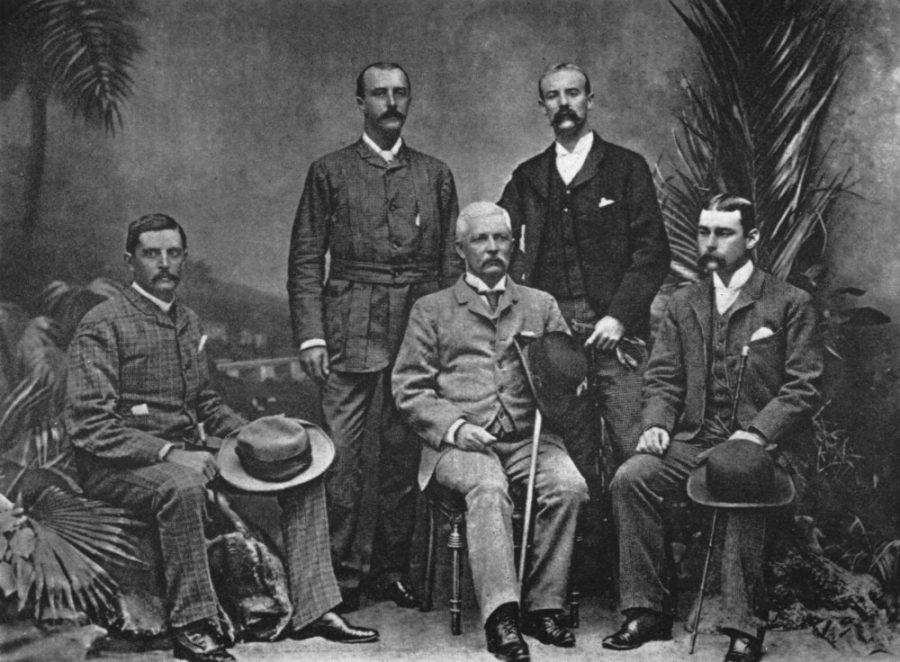 Henry Stanley with the officers of the Advance Column, Cairo, 1890. From the left: Dr. Thomas Heazle Parke, Robert H. Nelson, Henry Stanley, William G. Stairs and Arthur Jephson. Stanley located Dr. David Livingstone in Africa after his expedition launched on March 21, 1871.