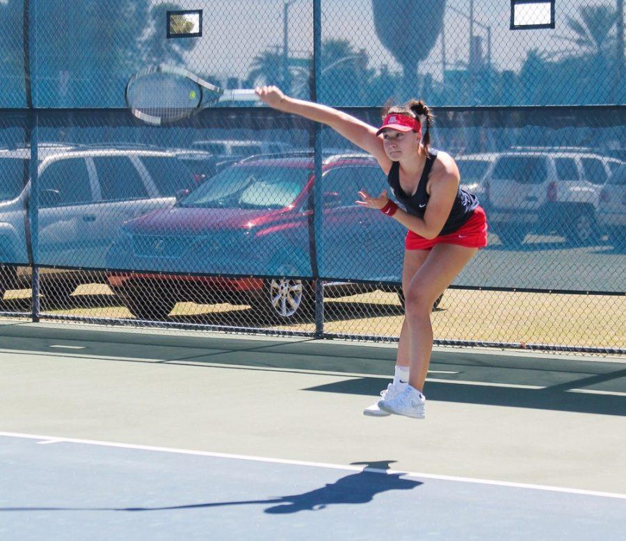 Arizona womens tennis player Devin Chypyha during a match against Utahs Jena Chang at the LaNelle Robson Tennis Center on March 11.