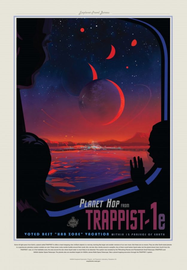 Some 40 light-years from Earth, a planet called TRAPPIST-1e offers a heart-stopping view: brilliant objects in a red sky, looming like larger and smaller versions of our own moon. This NASA poster captures the spirit of adventure that will guide astronomers as they explore for traces of atmosphere around this planet and its six siblings.  