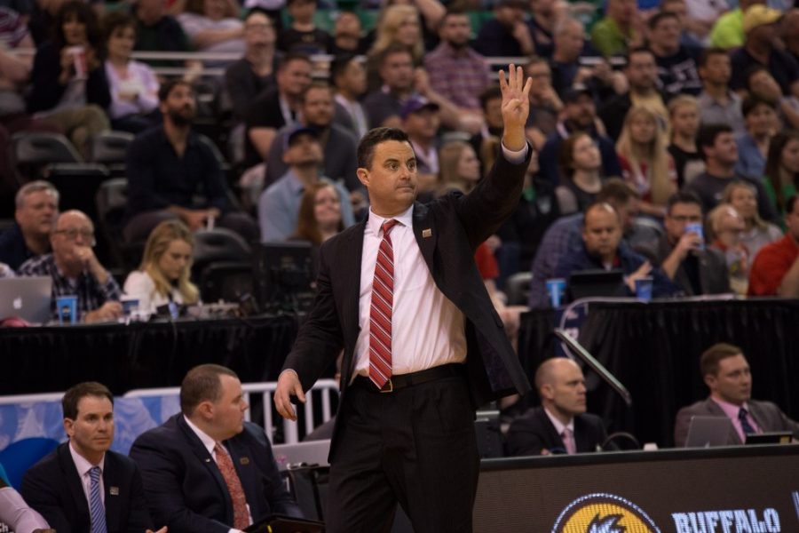 Arizona head coach Sean Miller gestures to his team during the Arizona-North Dakota game on Thursday, March 16.