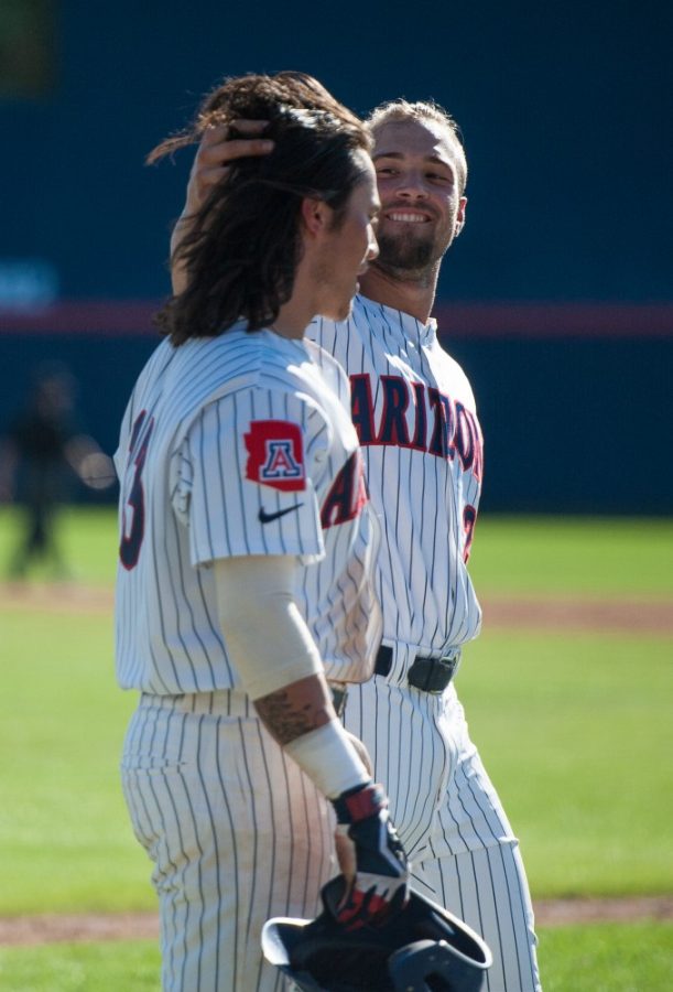JJ Matijevic messes with Nick Quintana after Quintanas home run during the baseball game aginst Hartford at Hi Corbett field on March 11.