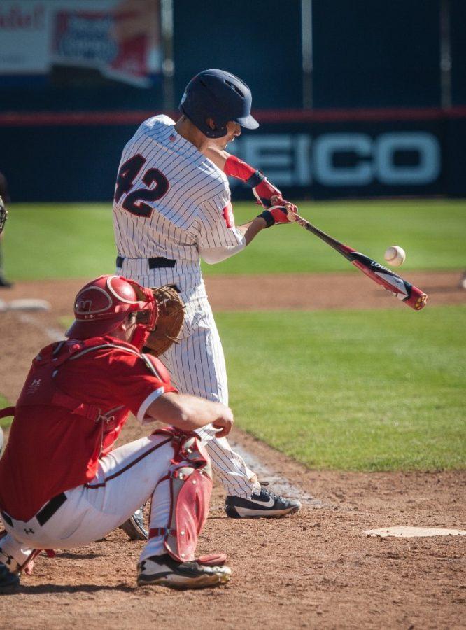 Arizona outfielder Jared Oliva (42) hits the ball during the baseball game against Hartford on March 11 at Hi Corbett field. 