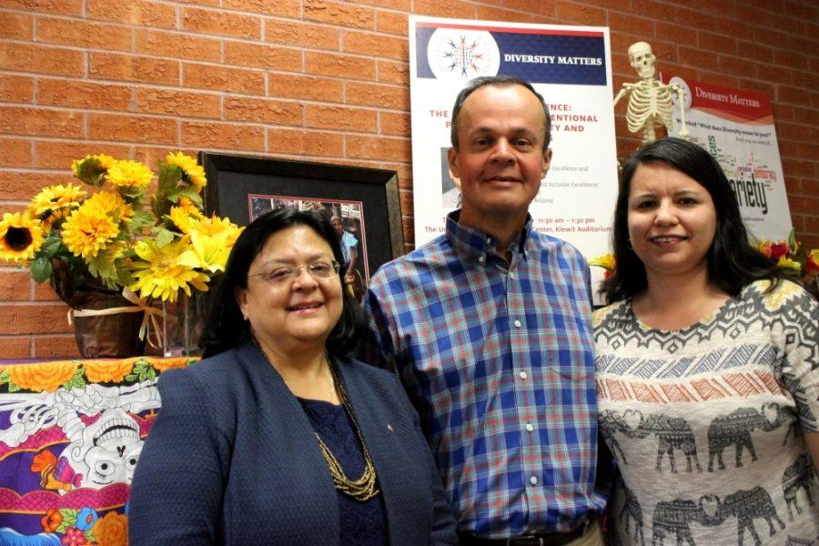 (Left to right) UA Health Sciences - Hispanic Center of Excellence Sofia Ramos, Community Relations Consultant, Oscar Beita, Assistant Director, and Alejandra Zapien-Hidalgo, Program Coordinator-Outreach, pose in the Arizona Hispanic Center of Excellence Office of Diversity and Inclusion on Monday Oct. 24, 2016. UA has recently been increasing its outreach and communication with many minority groups on campus.