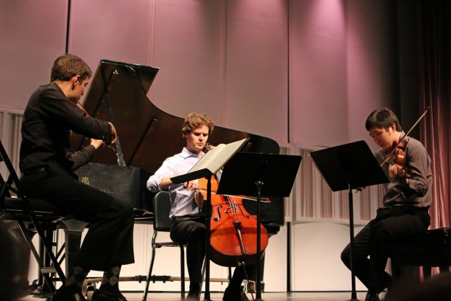 Timothy Kantor (left), Theodore Buchholz (center) and Tiezheng Shen (right) perform at the Faculty Artist Series recital at Crowder Hall on April 13. The Faculty Artist Series allows faculty members to perform for the UA community.