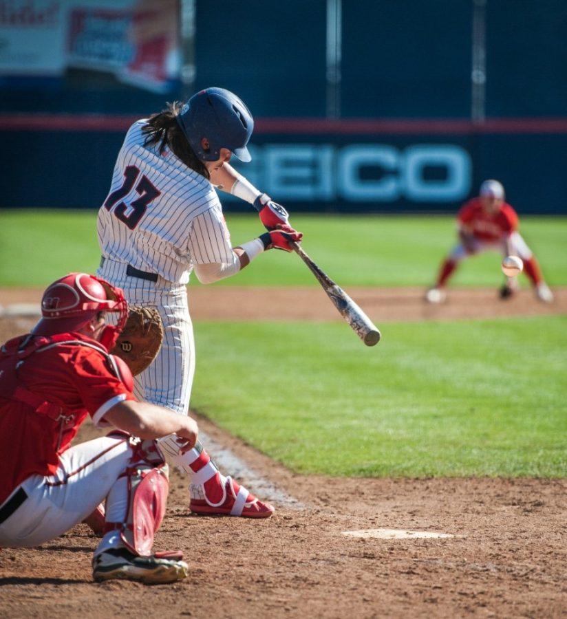Arizona infielder Nick Quintana (13) at the plate during the game against Hartford on March 11 at Hi Corbett field. The Wildcats won 25-3. 