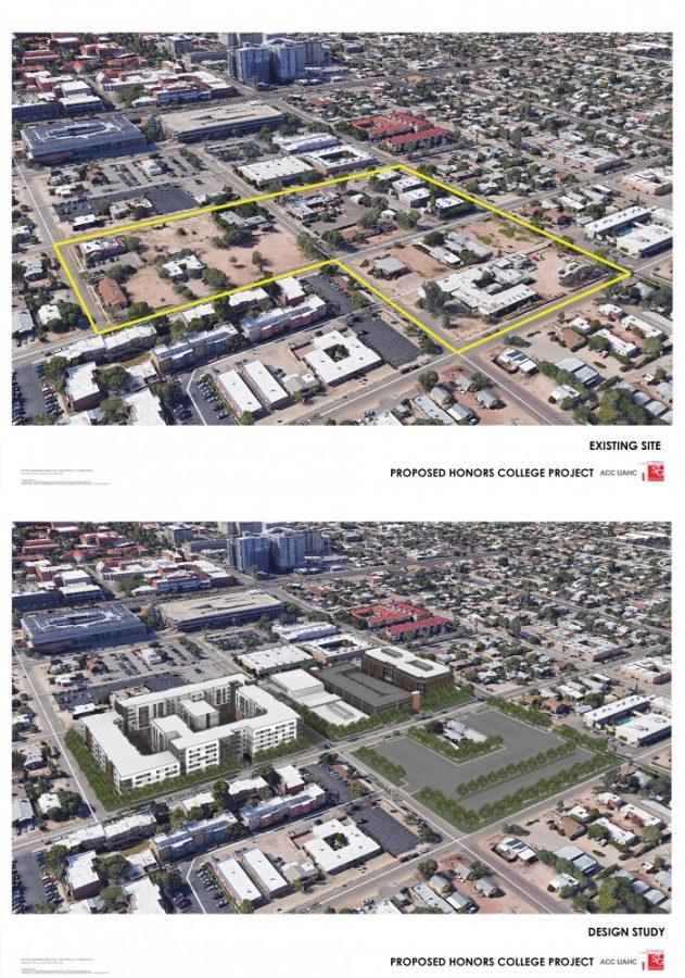 A composite view of the current site (top) and an artists rendering (bottom) of the proposed new UA honors village.
