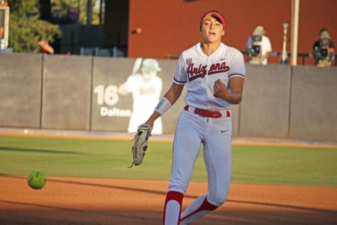 Arizona pitcher Danielle O'Toole (3) throws during the softball game against Oregon on April 21 at Hillenbrand Memorial Stadium. 