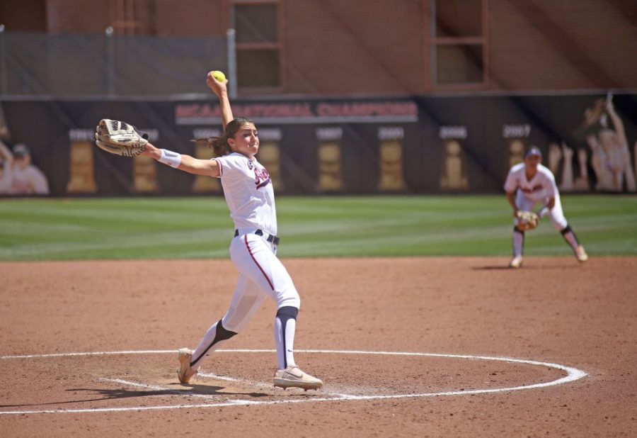 Arizona pitcher Danielle OToole throws during the softball game against Oregon on April 23 at Hillenbrand Memorial Stadium.