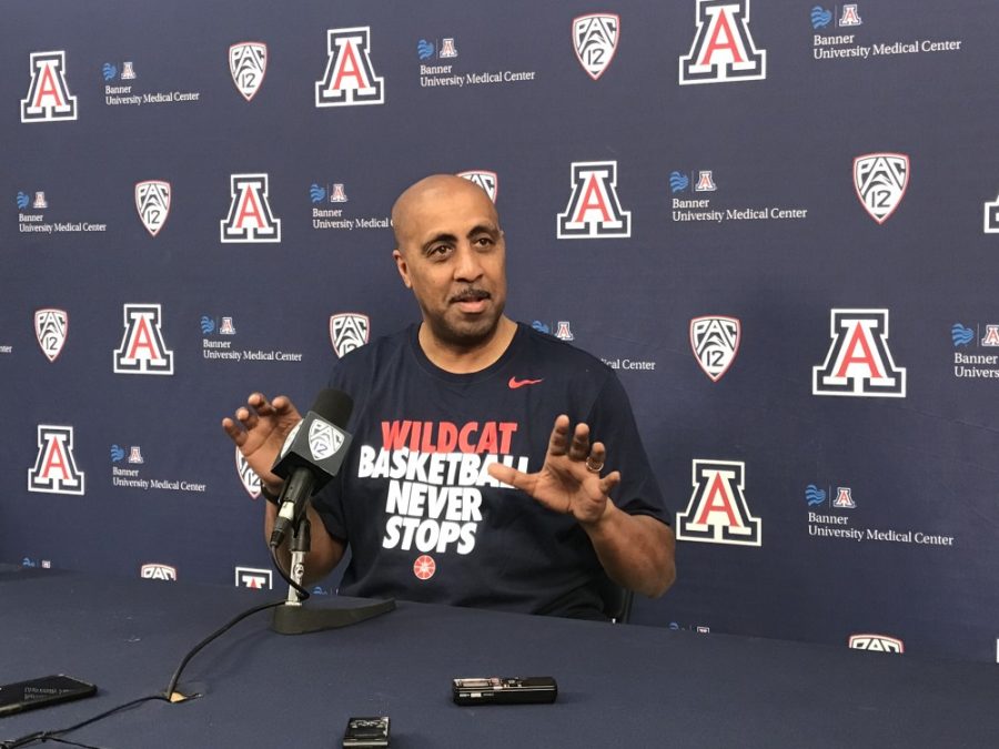 Arizona+mens+basketball+associate+head+coach+Lorenzo+Romar+speaks+with+the+media+on+April+20+in+McKale+Center.+Romar+joins+Sean+Millers+staff+after+15+seasons+as+the+head+coach+at+the+University+of+Washington.