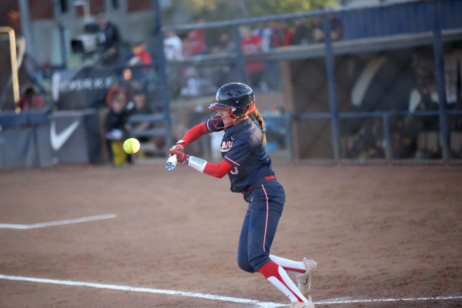 Arizona second baseman Reyna Carranco (5) attempts a bunt against ASU on Saturday, April 29. The Wildcats lost 5-2. 