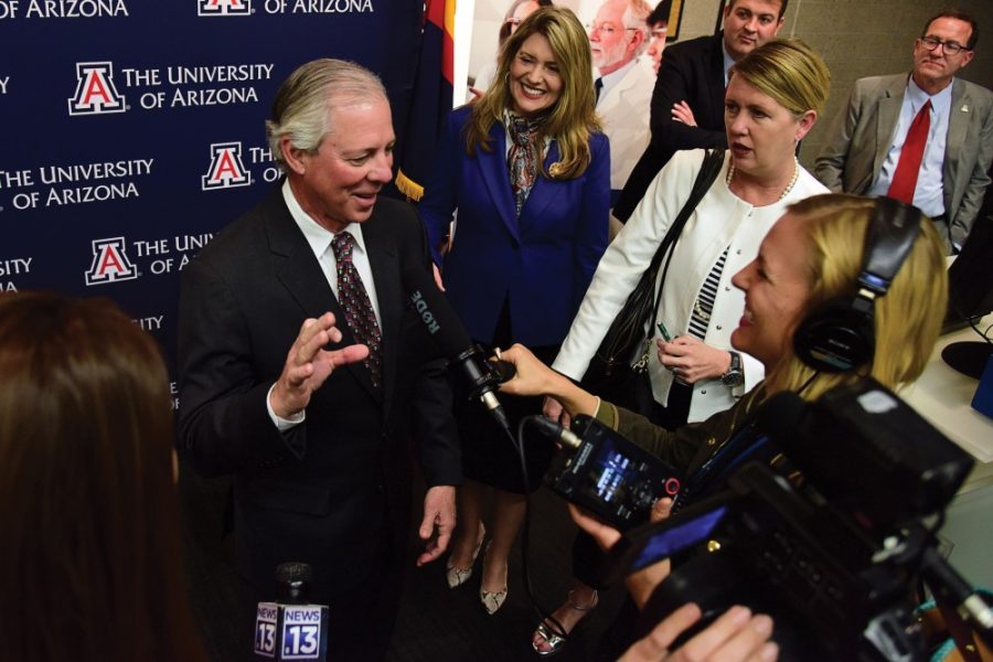 The sole finalist for UA President Dr. Robert Robbins speaks to media after a press conference at the UA College of Medicine Phoenix on Tuesday, March 7. 2017.