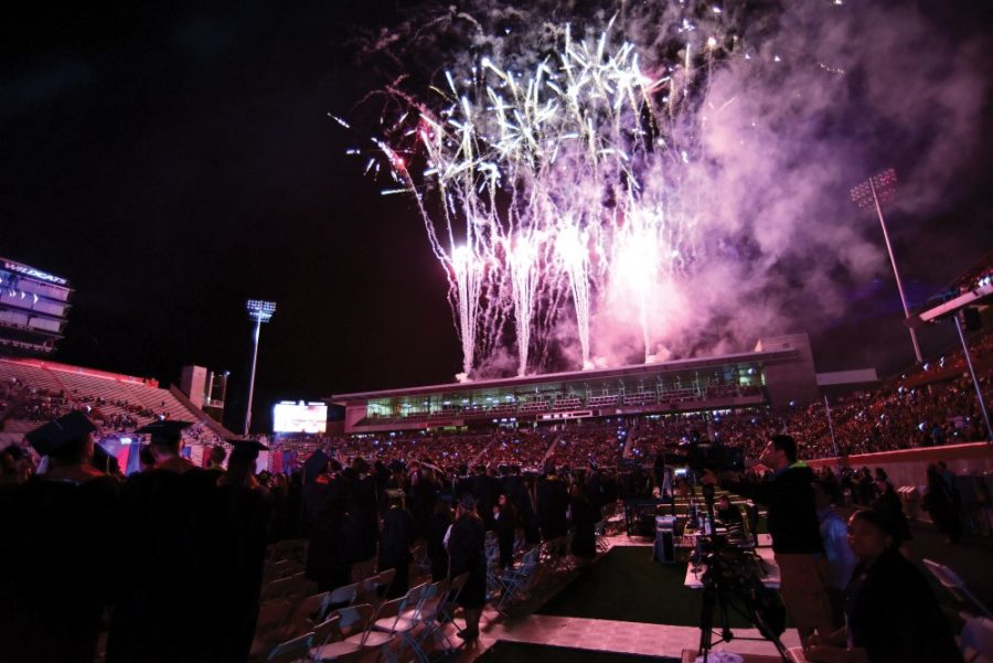 Fireworks explode over Arizona Stadium during the 2015 commencement ceremony on May 16, 2015. Roughly 5,000 students are expected to attending this years graduation ceremony..