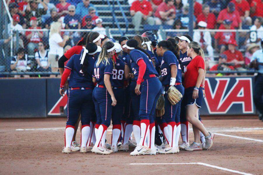 The Arizona softball team huddles up during their game against Baylor on May 27 at Hillenbrand Stadium. 