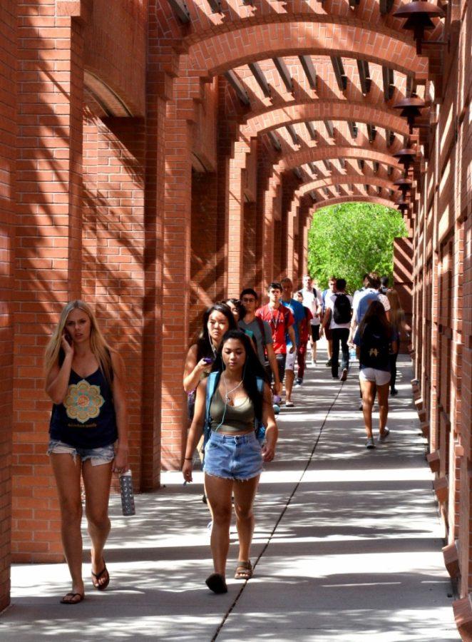 UA students walk down Highland Avenue on Aug. 22, 2016. Student demographics could change in the next four years, depending on Trumps foreign policy.