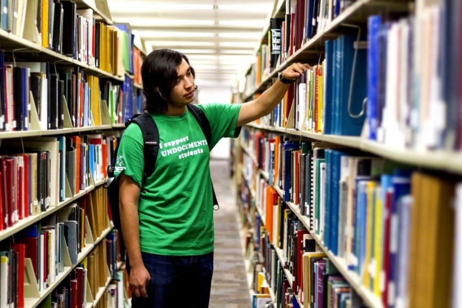 Mechanical engineering junior and DACA student Dario Andrade Mendoza chooses a book in the UA Main Library on Sept. 1, 2015. DACA students have faced uncertainty and fear since Trumps election.