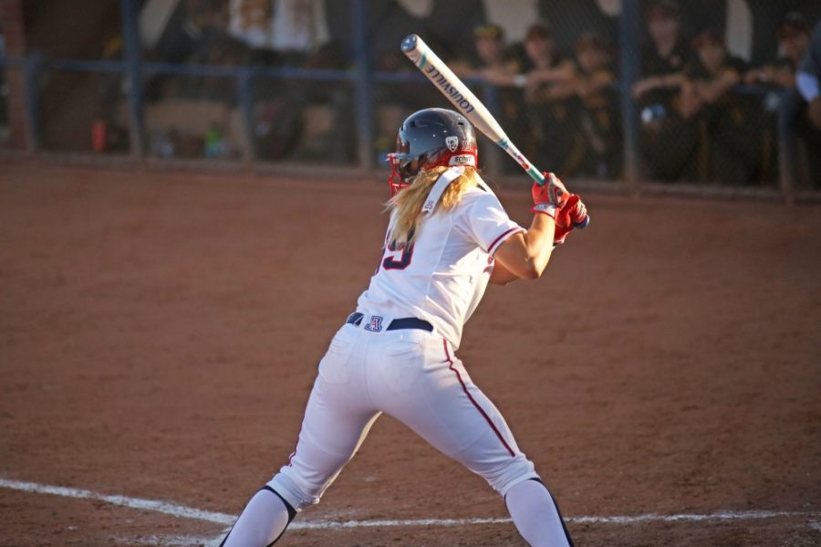Arizona infielder Jessie Harper (19) at bat during the third game in the UA-ASU series on April 30 at Hillenbrand Memorial Stadium. 