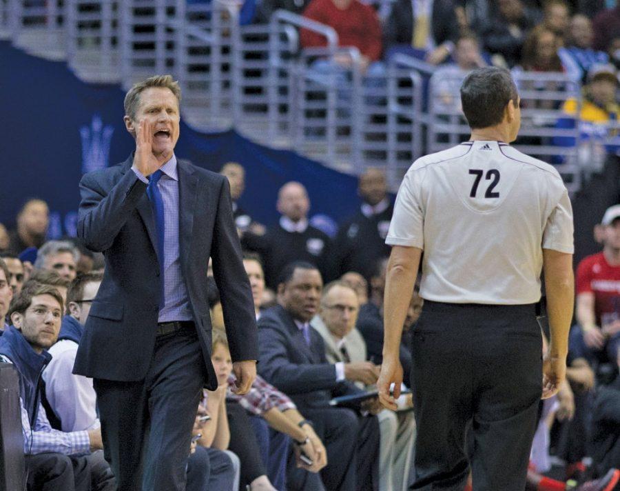 Golden State Warriors head coach Steve Kerr calls out a play during the Warriors 114-107 win over the Washington Wizards, Feb. 24, 2015. Kerr played basketball at the University of Arizona from 1983-1988.