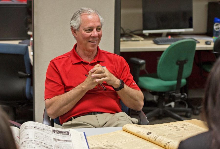 Dr. Robert Robbins visits the student media newsroom on June 1 to discuss with staff at the Daily Wildcat. Among other conversation topics, Dr. Robbins emphasized his personal goal of increased engagement with students on campus.