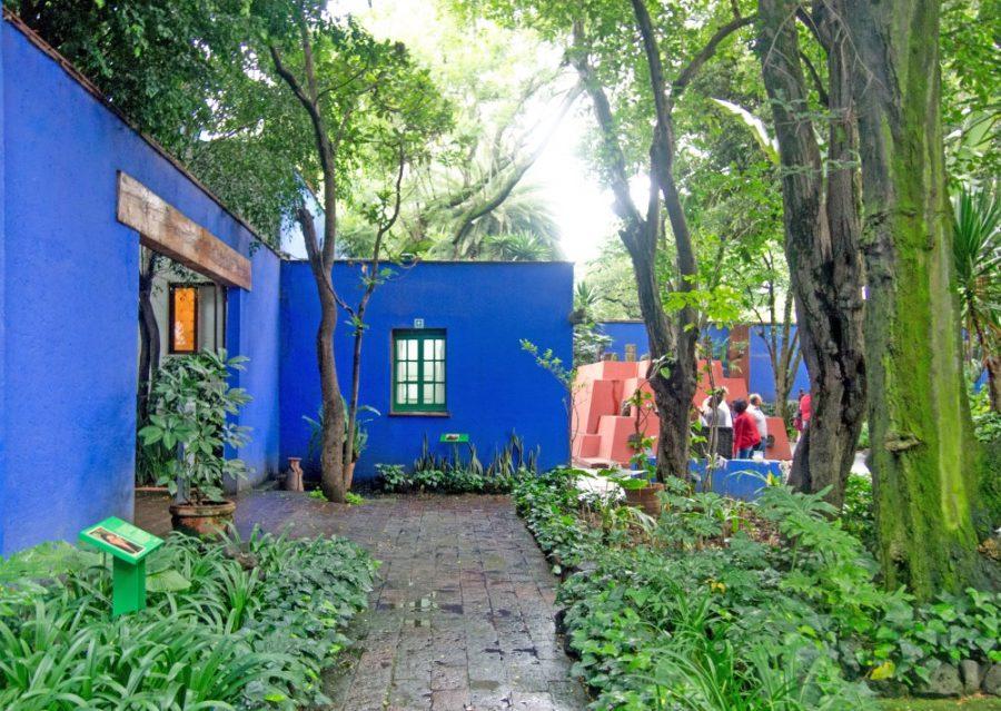 The courtyard and gardens of Frida Kahlos home, La Casa Azul, in Mexico City. Tucson Botanical Gardens exhibit Art, Garden, Life, models the natural surroundings that inspired the gardens of Kahlos own home.