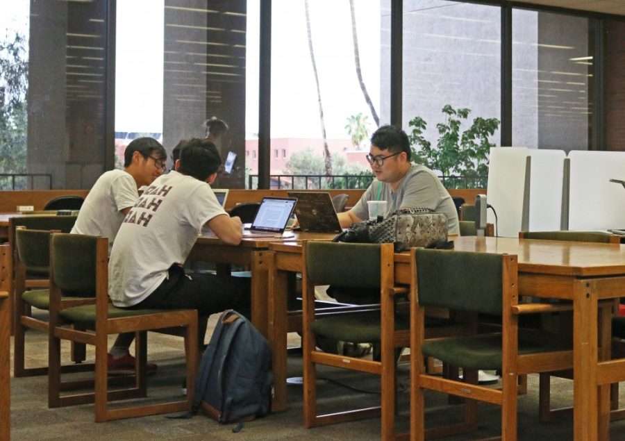 Students collaborate at the UA Main Library on the second floor. Both the Main Library and the Science-Engineering Library contain quiet and silent study spaces in addition to cooperative group environments; some individual study rooms can be checked out on a first-come, first-serve basis.