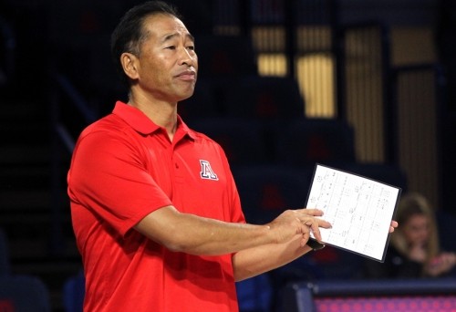 Arizona volleyball head coach Dave Rubio instructs his players during Arizonas 3-0 win against Alabama State University in McKale Center on Sept. 5, 2014. Rubio’s teams have gone to the NCAA tournament 19 times in his 25 years heading the program.