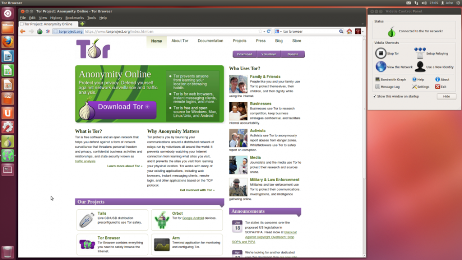 The Tor Browser showing the main Tor Project page in Ubuntu 12.04. Browsers like Tor provide additional security against data harvesting methods.