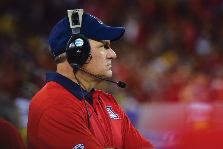 Arizona football head coach Rich Rodriguez watches from the sidelines during a game. The Wildcats ended the 2017 season with a 3-9 overall record and 1-8 in the Pac-12 conference.