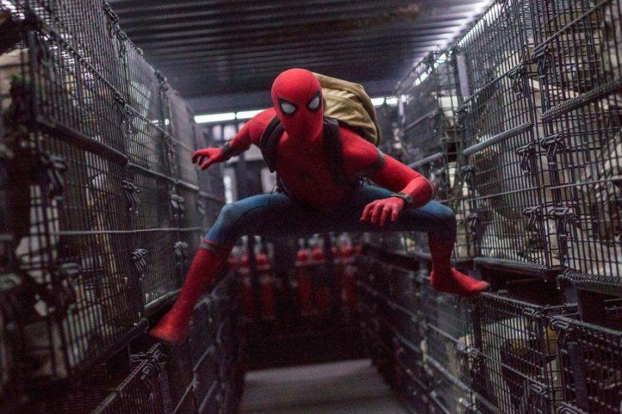 Tom Holland as Spider-Man in Spider-Man: Homecoming. This movie is the second rebooted version of the original Marvel comic series.