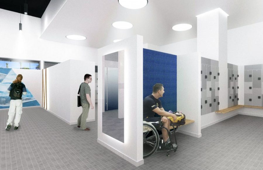 A rendering showing how the locker room in the rec center will look like after construction is completed.  Unforeseen obstacles have led to a month-long delay in the completion of the project.
