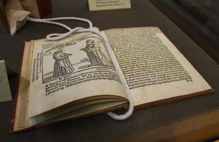 A book displayed at the Print and Propaganda in the Reformation exhibit at the UA Main Librarys special collections on Tuesday, Aug. 22. This exhibit displays many different books from the reformation era.
