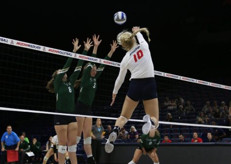 Arizona outside hitter Paige Whipple (10) hits the ball over College of William and Mary defense on Sept. 15 in McKale Center.