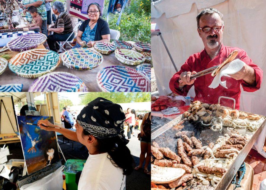 Top Left: A vendor at Tucson Meet Yourself shows her baskets. (Courtesy Maribel Alvarez)Bottom Left: Marcelino Clemente Flore III works on an unnamed oil painting at the Tucson Meet Yourself Festival in 2013. (Ryan Revock/The Daily Wildcat)Right: A vendor at Tucson Meet Yourself prepares Bosnian cuisine at his booth at the 2014 event. (Courtesy Maribel Alvarez)
